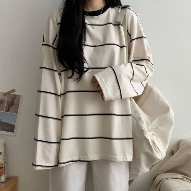 Fashion Striped T-shirts Women Baggy Vintage High Street College Korean Style Casual Simple Minimalist Long Sleeve Tees Hipster