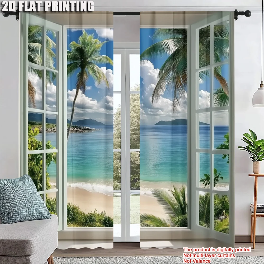 

2Pcs Beach Pattern Window Curtains Rod Pocket Decorative Window Drapes Window Treatments For Bedroom Living Room Home