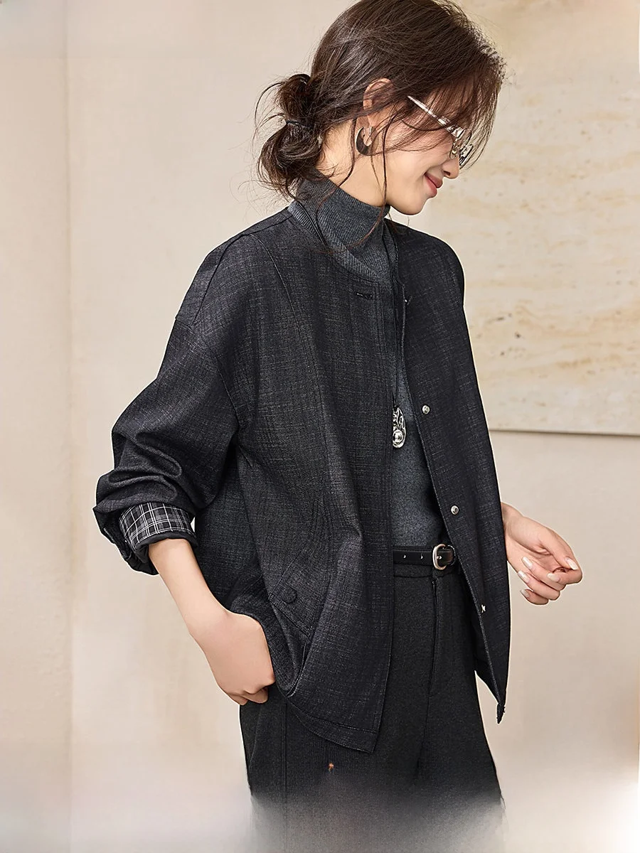 

Mehemui ort Sve Plaid Patchwork Coat Commute Sle Simple Autumn Outerwear Women's Polyester Cotton Blend Button Closure
