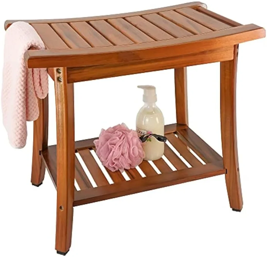 Teakhouten douchebank met handgrepen, draagbare houten spa-badkruk met opberghanddoekplank, 22" x 13" x 18,6", waterdicht