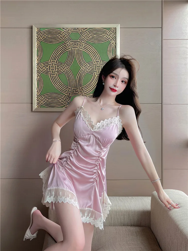 Women Satin Sleeveless Solid Nightgown Lace Erotic Nightdress Female V-neck Homewear Nightwear Night Dress Women Sexy Sleepwear