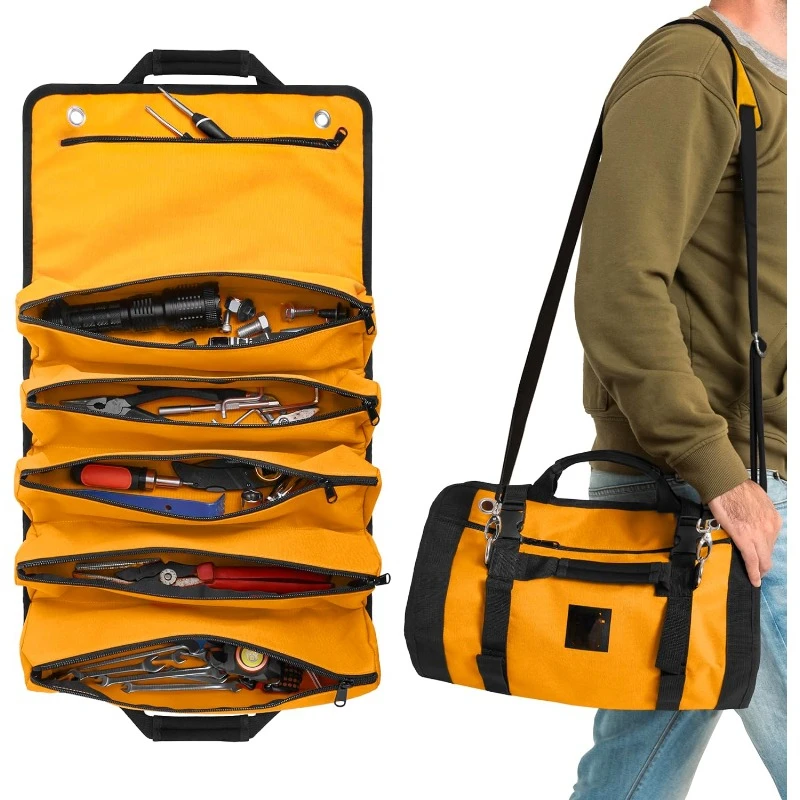 

Heavy Duty Tool Roll Bag Organizer - Travel roll up tool bag with 6 Zip Organizer Pouches - Compact Portable Tool Bags for Men