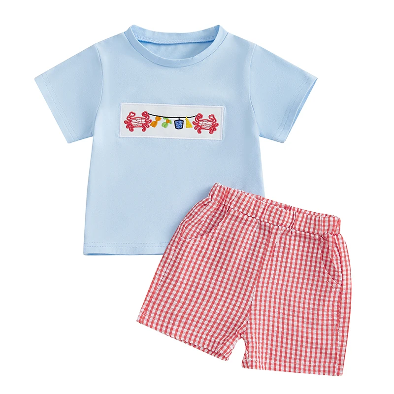

Toddler Baby Boys Summer Outfits O Neck Short Sleeve Crab Embroidered T-Shirts Elastic Waist Plaid Shorts 2Pcs Clothes Set