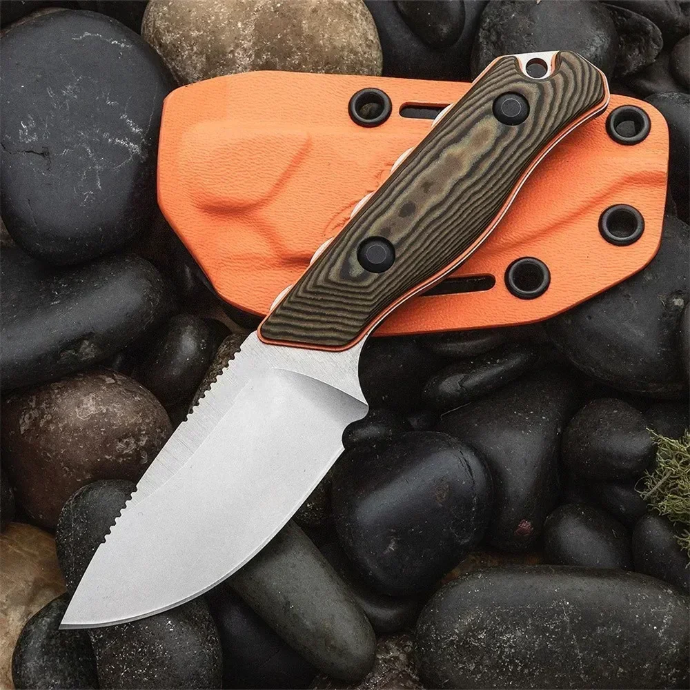 

BM 15017 Hunt Hidden Canyon Hunter Fixed Blade Knife 8Cr13Mov Drop Point, Richlite/Orange G10 Handle Camping Gift Leather Sheath