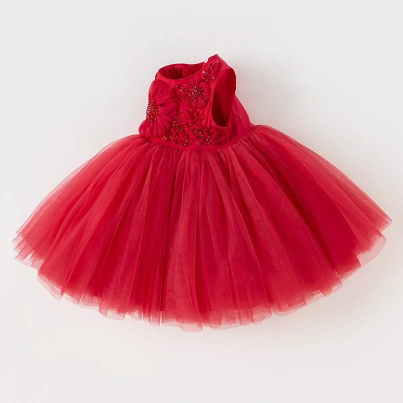 Dave Bella Girl\'s Princess Dress 2024 New Summer Children\'s Baby Sleeveless Red Mesh Noble Cute Sweet Charm Party DB17294-A