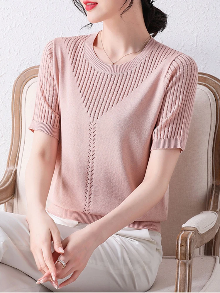 Summer Hollow-out Women Knit Tees Shirt O-neck Cotton Pullover Tops Short-sleeved T-shirt Knitted Jumpers Base Sweater