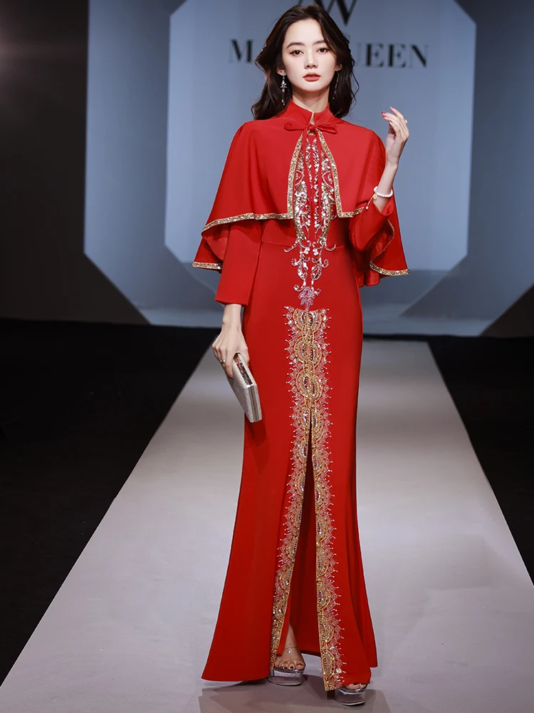 

Ele Red Evening Gown with awl Fi Tail Slimming Design for Women Host Par Performance U-Ne Long Sve Dr