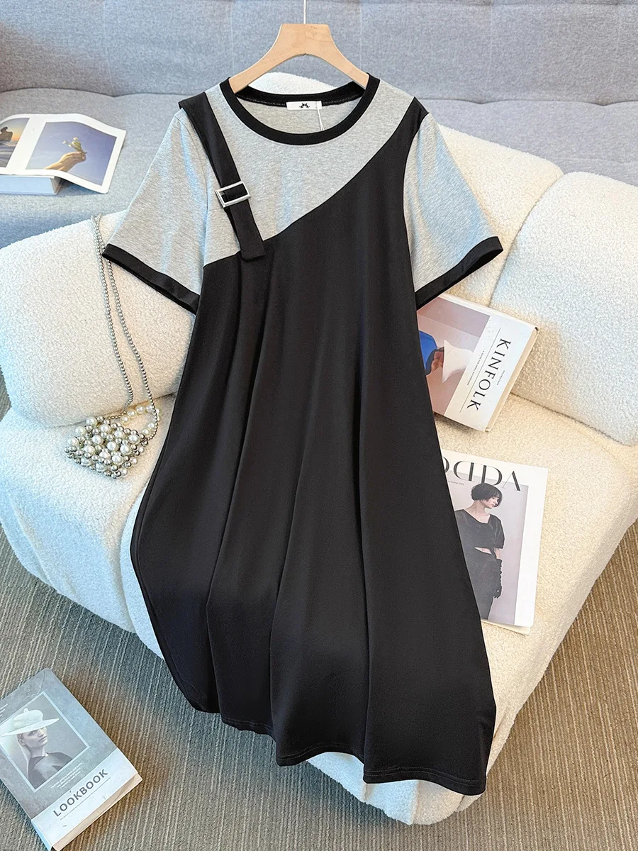 

Женское платье больших размеров 140 кг, 143, летнее свободное платье из двух частей с короткими рукавами, черное, 4XL, 5XL, 6XL, 7XL, 8XL