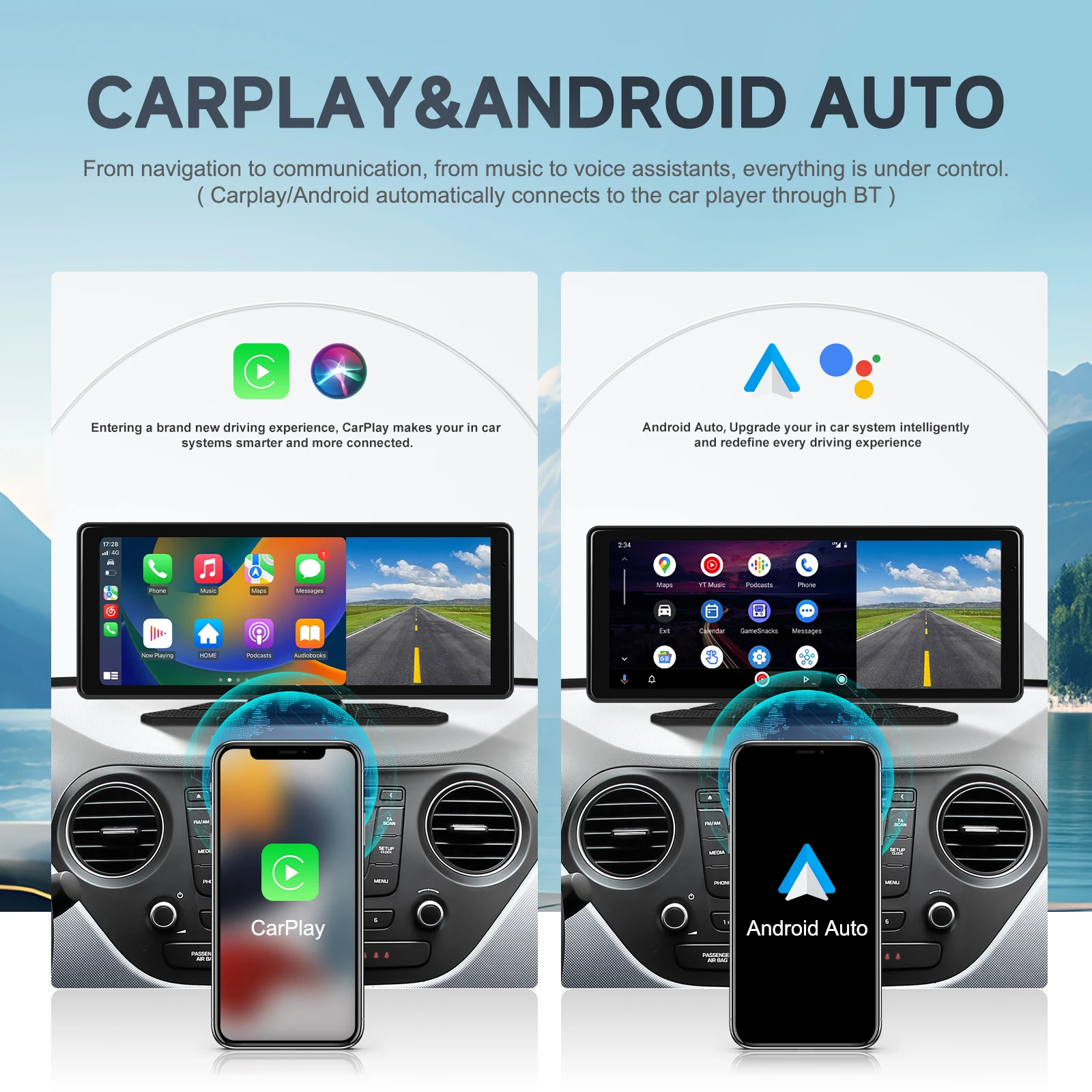Podofo, lettore con schermo intelligente da 8,1 pollici, dotato di fotocamera a 360°, CarPlay wireless, Android Auto, monitor per auto, WiFi, Bluetooth, Airplay, ingresso AUX, funzione di