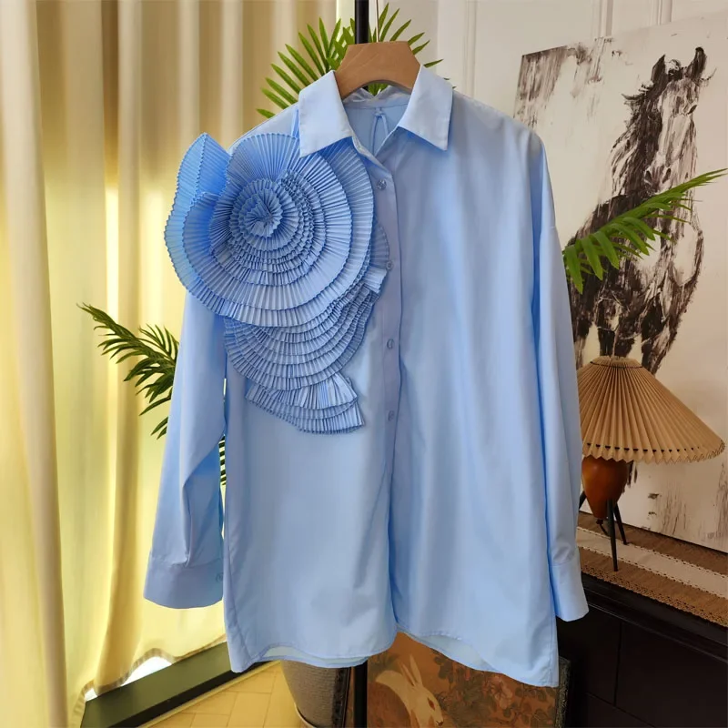 Hikigawa Chic Fashion 3D Floral Turn Down Collar Vintage Blouse Solid Elegant Shirt All Match Casual Blusas Top Mujer De Moda