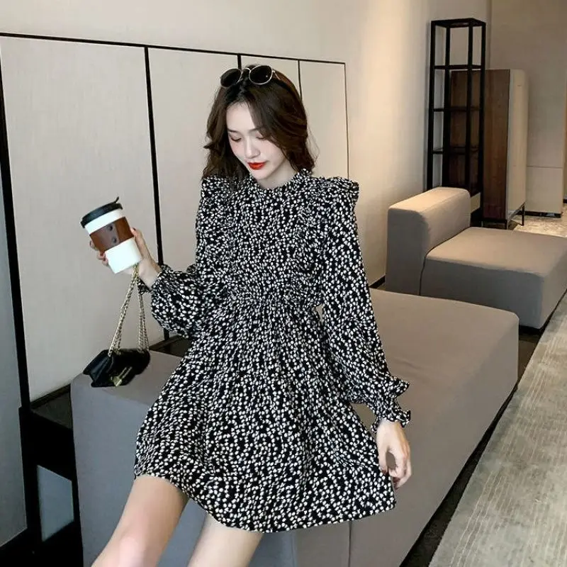 Floral Vintage Dress Spring Autumn New O-Neck Long Sleeve All-match Printing A-line Skirt Temperament Fashion Women Clothing