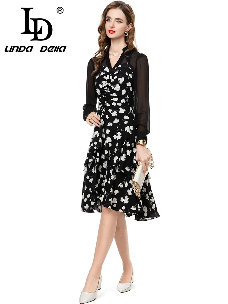 LD LINDA DELL ชุดเดรสผ้าชีฟองคอวีแขนยาว ผ้าบางเบา ใส่ทำงาน ใส่ลำลอง ใส่ไปงานปาร์ตี้ เอวสูง แฟชั่นทันสมัย