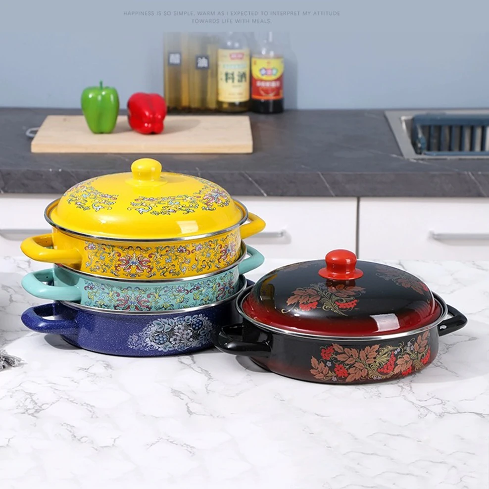 1.6/2.6L Enamel Soup Pot Short style double-ear stew pot Home large capacity flat bottomed pan with lid Noodle Seafood Pot