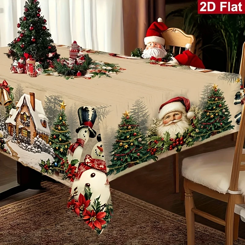 1 pc rectangular polyester tablecloth, with a retro wooden pattern, featuring a Christmas theme and a Santa Claus image.zyc