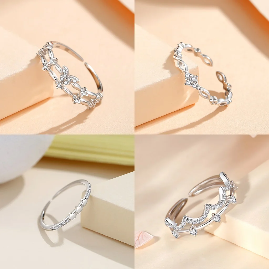 

RYJU 925 Sterling Silver Luxury Zircon Heart Rings for Women Opening Adjustable Rhinestone Ring Engagement Wedding Jewelry Gifts
