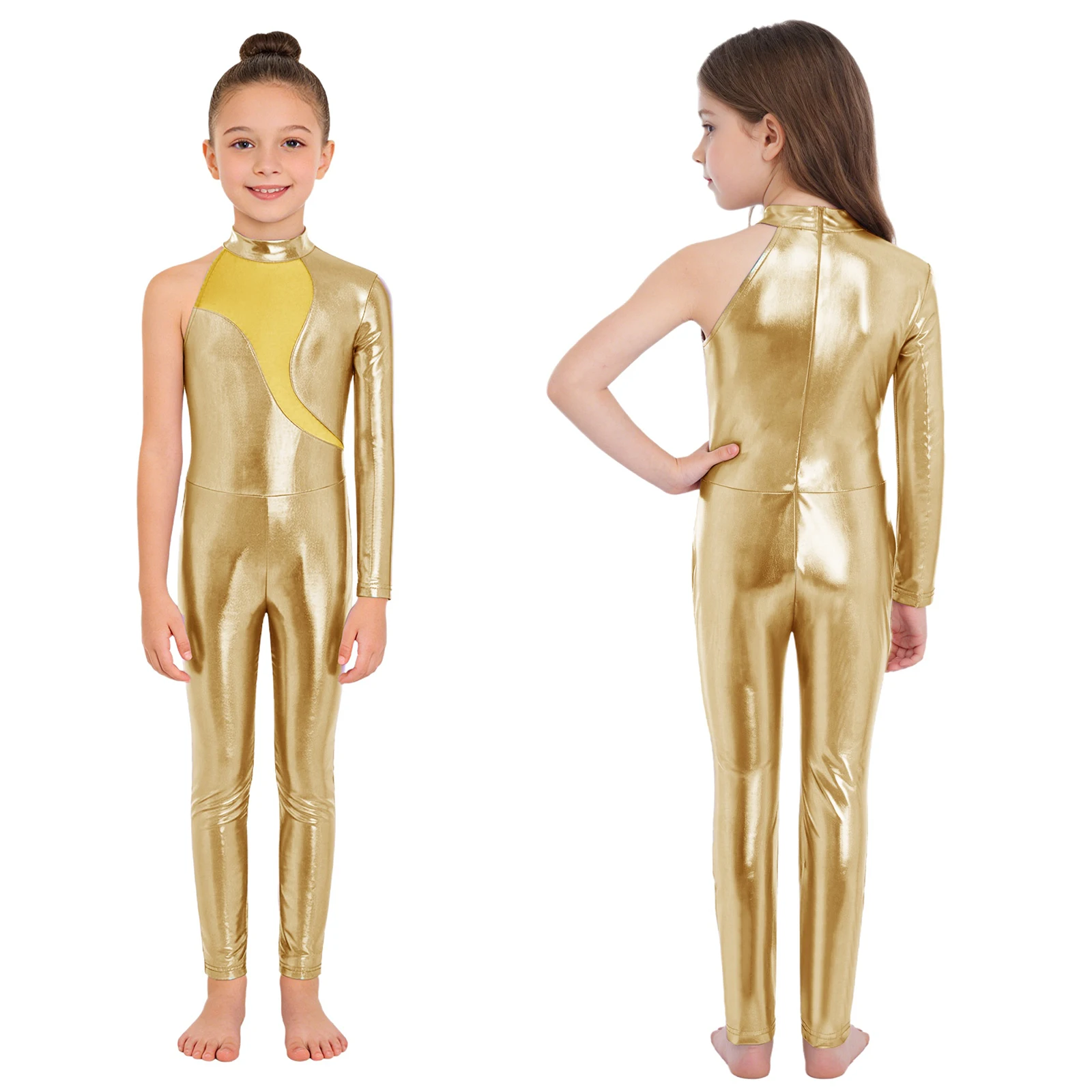 Kids Girls Metallic Ballet Dance Gymnastic Unitard One Shoulder Mesh Leotard Jumpsuit for Skating Acrobatics Workout Performance
