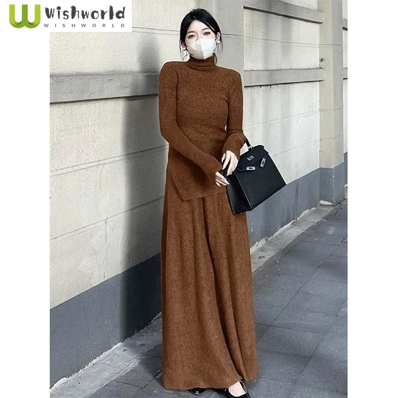 

Half High Neck Sweater Set Skirt for Women Autumn and Winter Hepburn Style High Waisted Half Body Woolen Skirt Two-piece Set