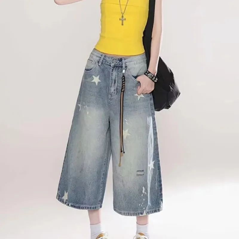 

DM American Vintage Washed Star Denim Shorts Y2k High Waist Straight Wide Leg Jeans 2025 New Loose Knee-Length Pants