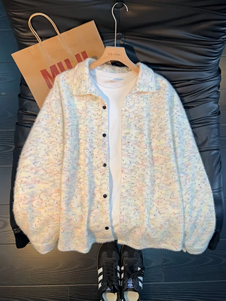 

Мужской вязаный кардиган с эффектом тай-дай, длинный рукав, весенний, плотный, в американском стиле, парный, удлиненный, до плеч