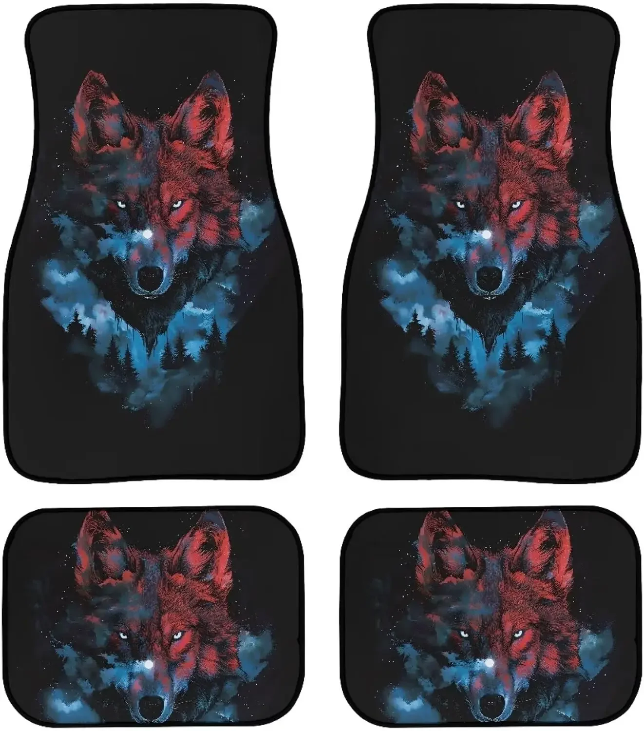

Alfombrillas delanteras y traseras para coche de lobo rojo y azul, alfombrillas antideslizantes para pies, accesorios interiores