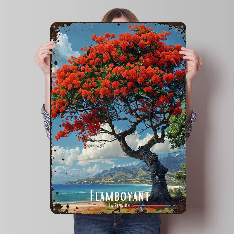 Flamboyant Tree in La Reunion Cartazes impressos Personalizáveis Arte de parede Retro Vintage Metal Tin Signs para sala de casa Placa personalizada