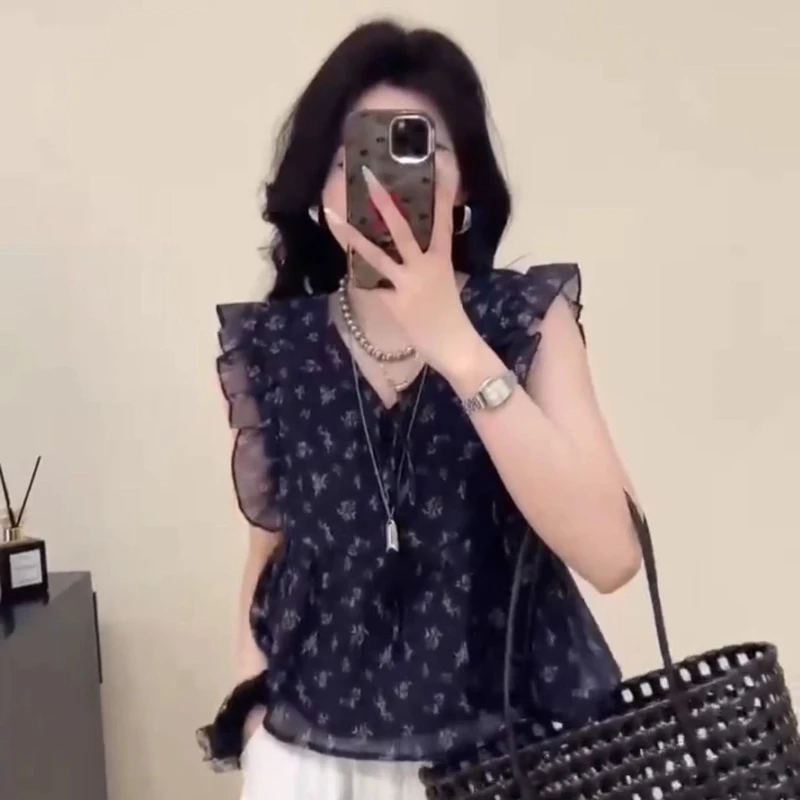 

Trend V Neck Floral Simplicity Elegant Blouse Summer New Thin Print Loose Temperament Shirt Tops Vintage Fashion Women Clothing