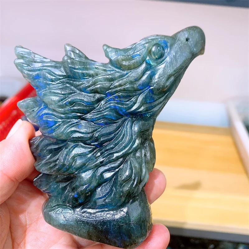 Natural Labradorite Eagle Head Carving Animal Statue Healing Energy Lucky Gem Crafts For Home Room Decoration 1pcs