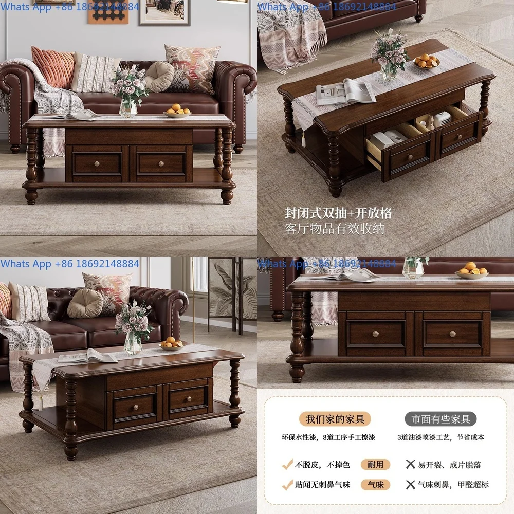 Solid Wood Coffee Table Rustic Style Living Room Rectangular Table with Drawer for Small Space Home Use Vintage Design