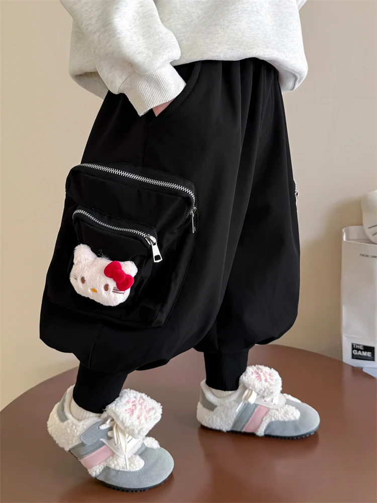 

Girls' Plush Cargo Pants Winter New Cartoon Hello Kitty Cute Warm Long Trousers Children Casual Loose Thicken Black Jogger Pants