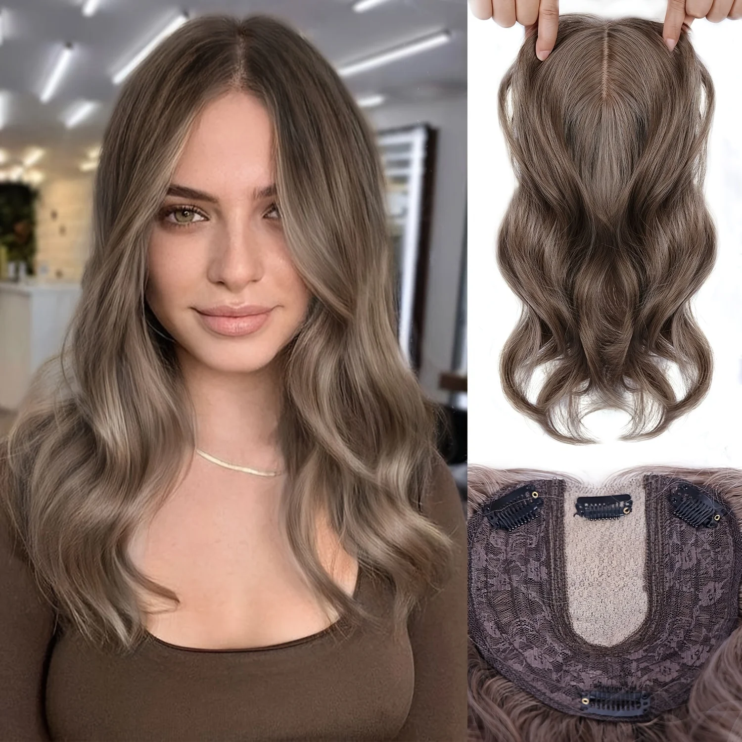 

Synthetic Hair Toppers for Women with Thinning Hair - 14 Inch 6*6 Inch Dark Brown with Highlights Wavy Clip-in Topper with Bangs