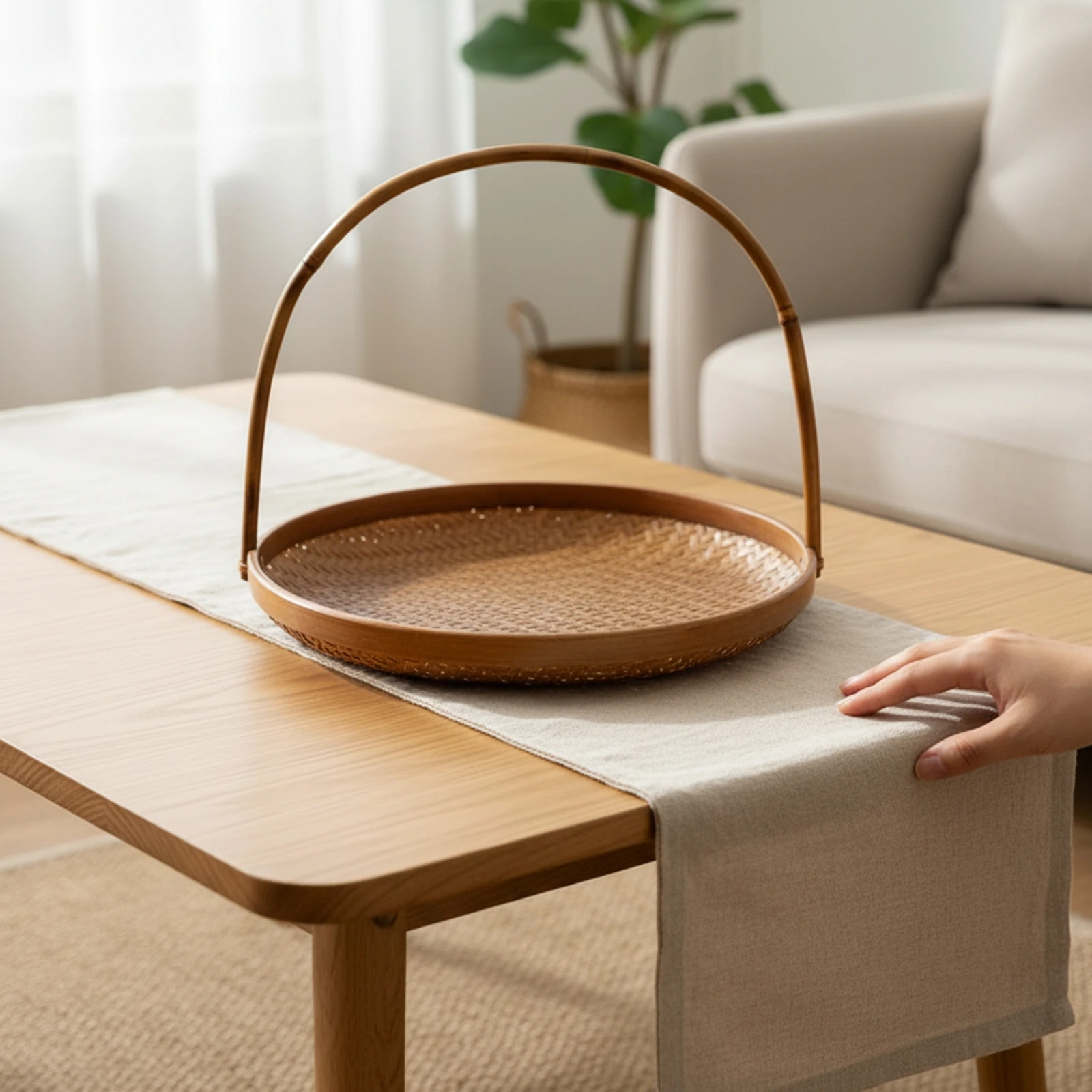 Bamboo Basket with Handle Handwoven Bamboo Basket Tray Decorative Versatile for Hosts, Tea Service, Tabletop Display
