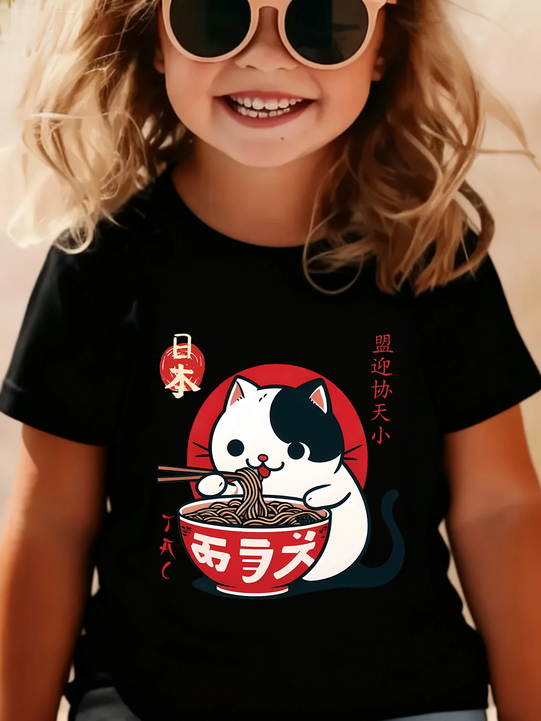 T-Shirts im japanischen Stil mit Katzen-Essen-Ramen-Design, Manga-T-Shirt für Kinder, Jungen und Mädchen, Sommer, Frühling, lässiges Top-T-Shirt