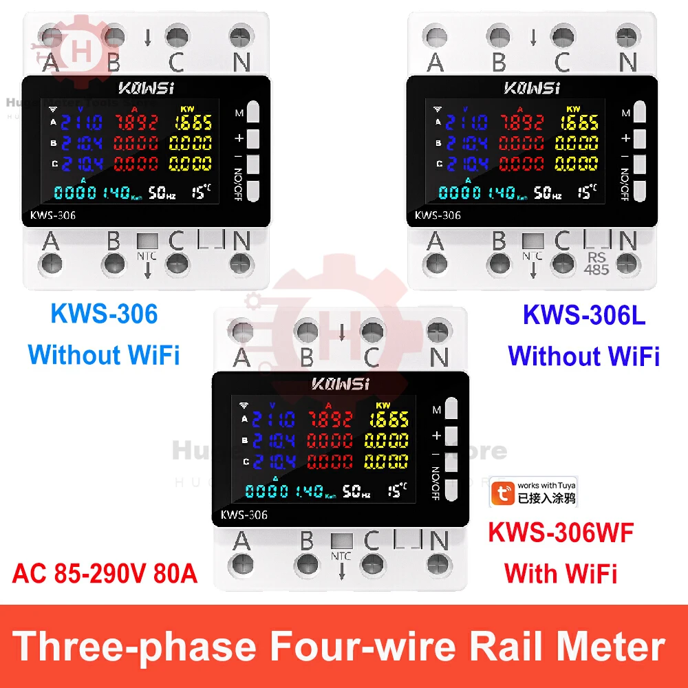 

KWS-306 Tuya WIFI Power Meter Voltage Current Energy Meter Three Phase Four Wire Rail Phone APP Remote Control AC 85-290V 80A