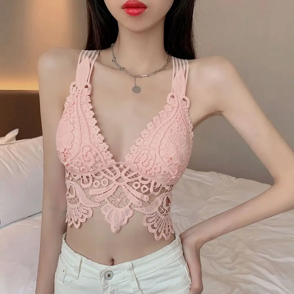 Fashion Lace Sexy Lace Camisole Hollow Out Breathable Hollow Out Camisole Elasticity Short Strap Crop Top Women