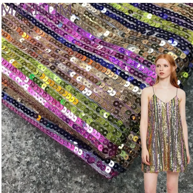 New Listing 5MM Mesh Sequins Fabrics Colorful Striped Sequins Embroidery Fabrics DIY Design Sewing Halter Tops Dress Wide:125CM