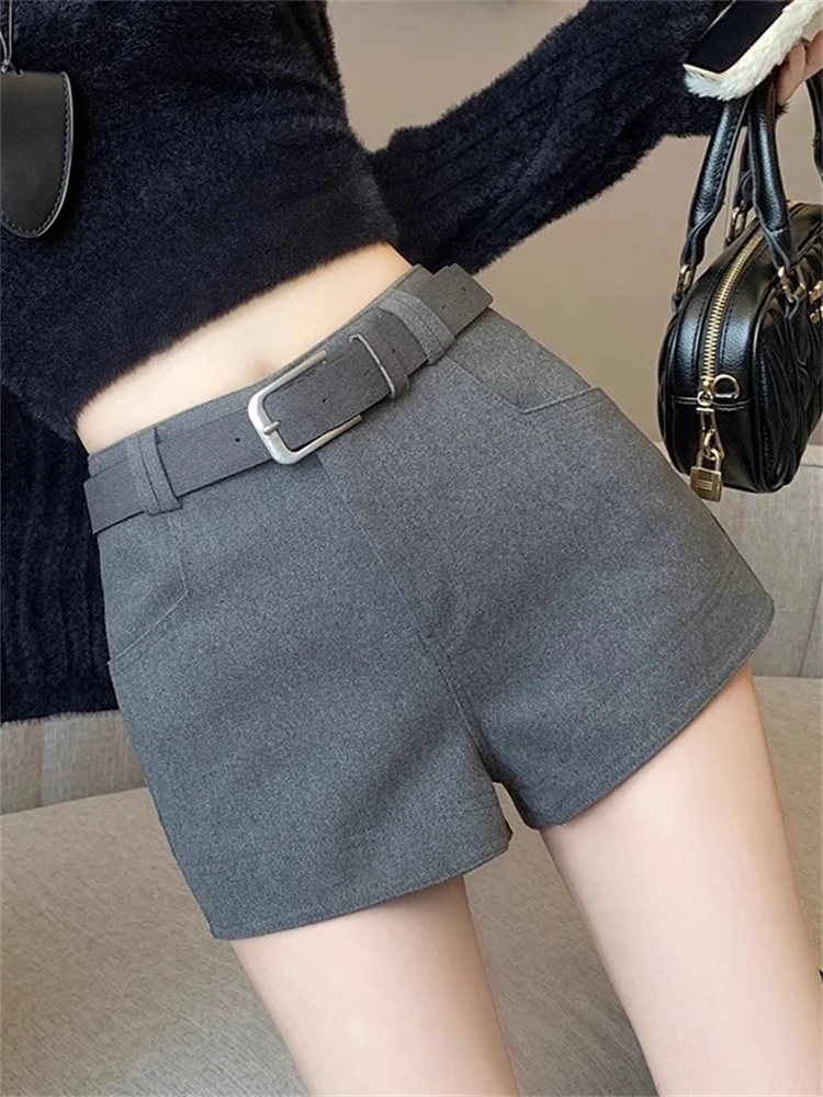 

Gray Woolen Base Layer Shorts Women's Spring New High Waist Wide Leg Casual Pants Commute Style Korean Version Zipper Closure