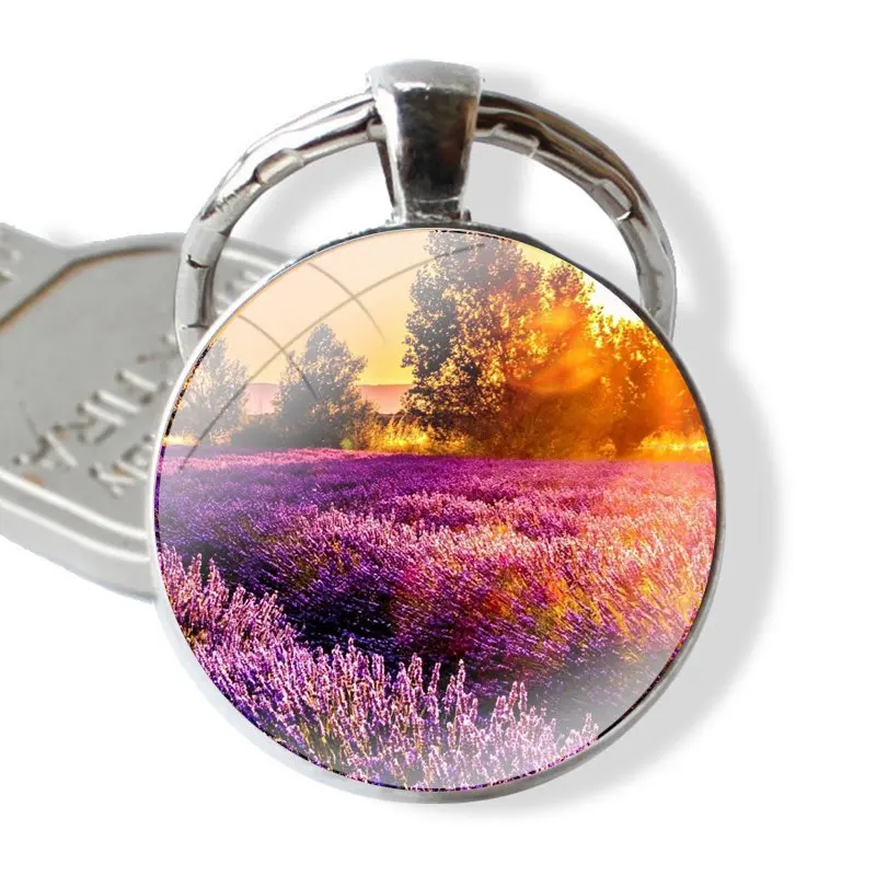 lavender Purple flowers Keychain Handmade Glass Cabochon Key Ring Holder Pendant Key Chains image 4