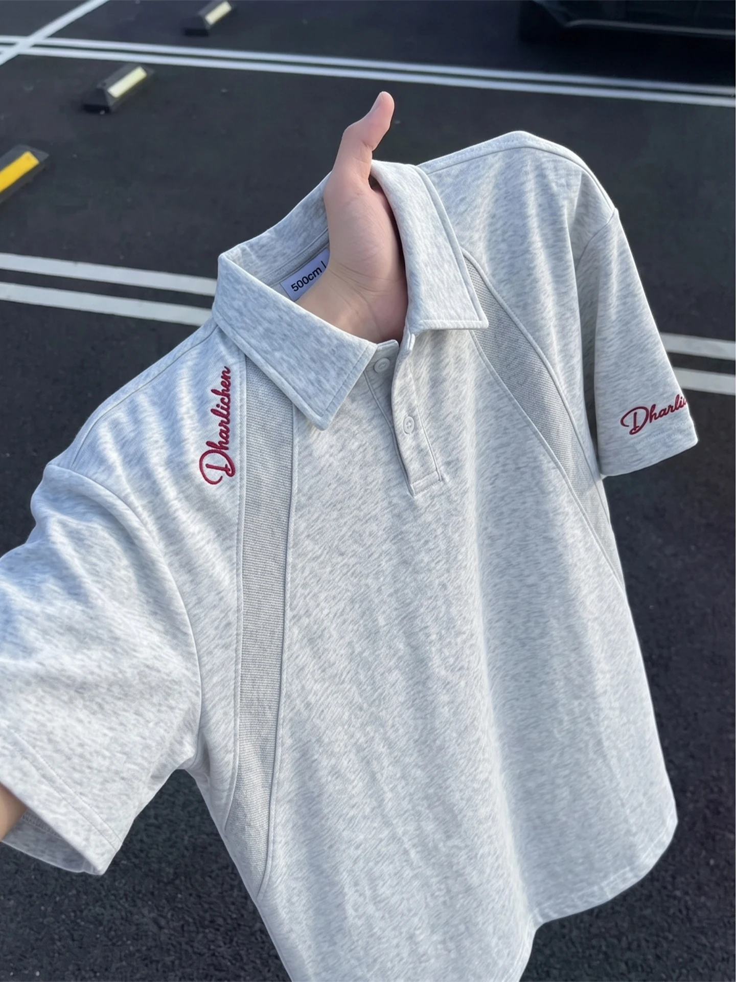 Summer Fashion Men's  Shirt Short Sleeve Embroidered White Flower Grey Collar T-Shirt Boxy Shoulder Flip Collar Half Sleeve