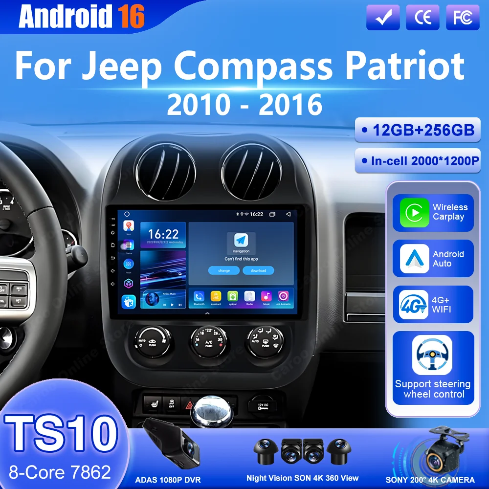 Radio Multimedia para Auto con Android 16 y Carplay para Jeep Compass Patriot 2010-2016, Reproductor de Video, GPS, Navegación, Wifi, Pantalla Táctil