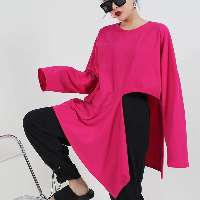 

SuperAen Irregular Side Slit Long Sleeved T-shirt Korean Design Women's 2024 Autumn New Loose Long T-shirt