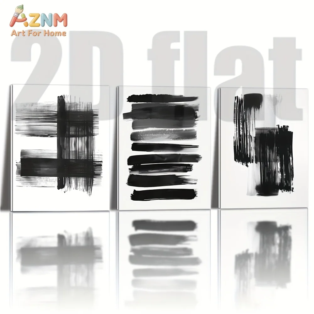 AZNM Minimalist Black and White Abstract Canvas Wall Art, Modern Brush Stroke Geometric Print Poster, Unframed Single Piece Deco