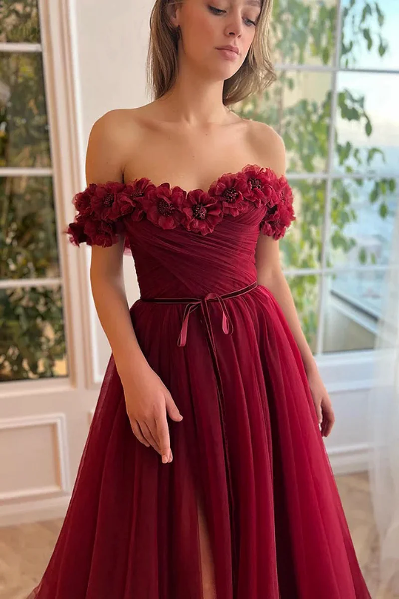 Robe de Rhsans bretelles rouge foncé, ligne A, appliques en dentelle initiées, corset plissé, fibtulle, robe de soirée formelle longue