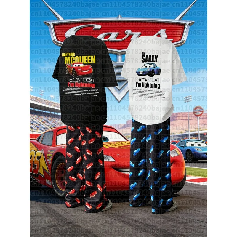 2025-26 The Cars Lightning McQueen & SALLY Camiseta de verano con pantalones de pijama Traje de gran tamaño para adultos/niños Ropa para él y para ella