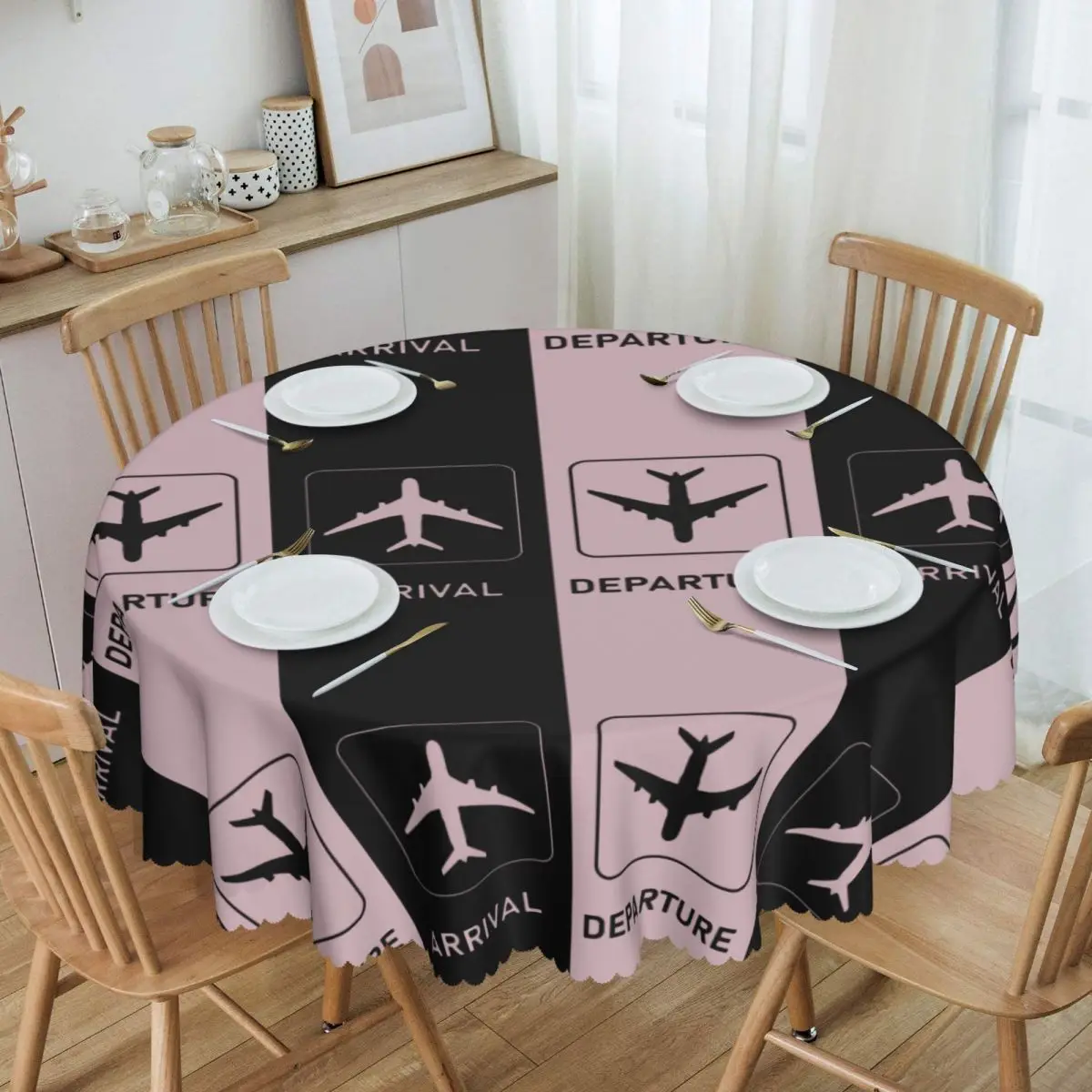 Custom Round Plane Arrivals And Departures Table Cloth Oilproof Tablecloth 60 inch Table Cover for Kitchen Dinning