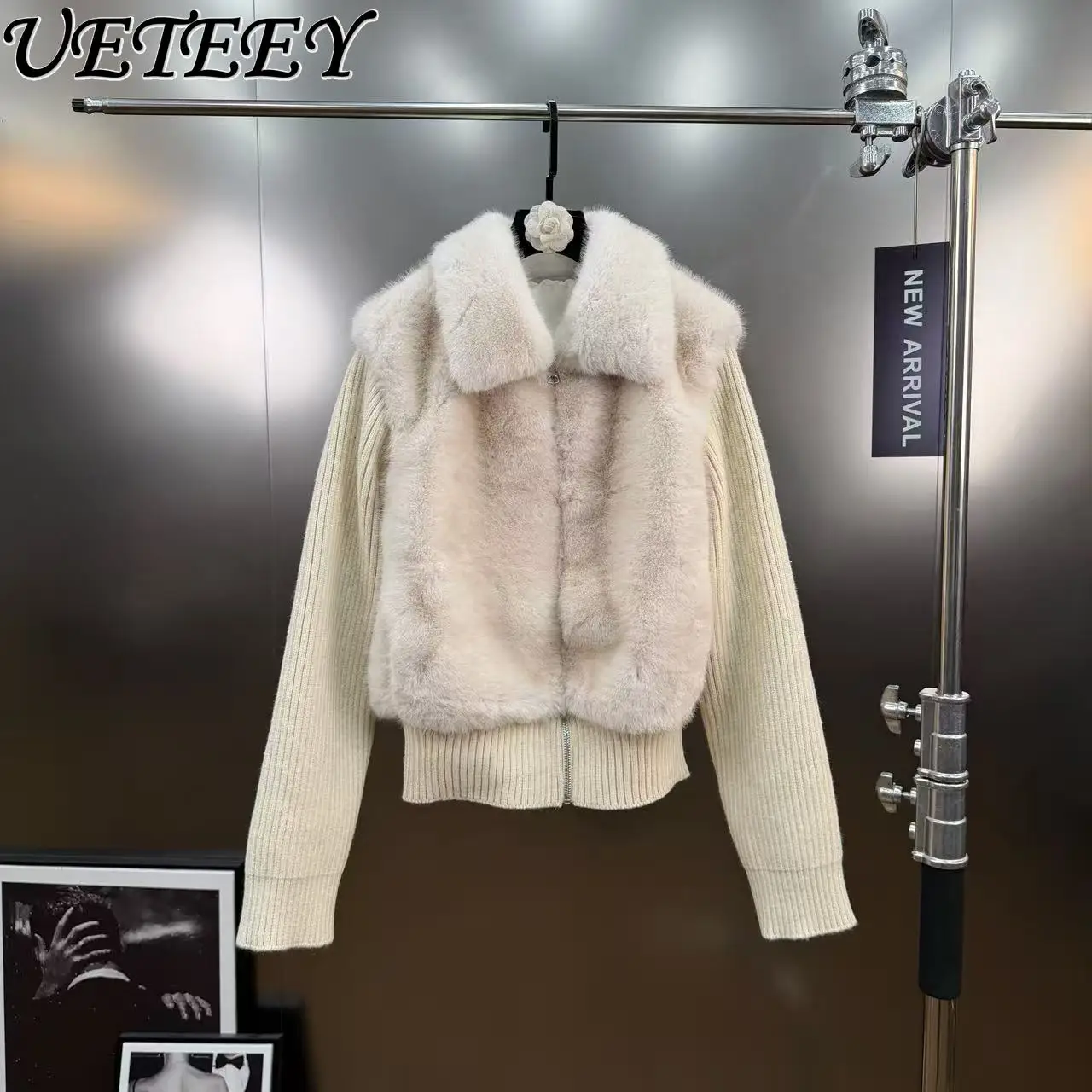 

2026 Spring Simple Style Turn-Down Collar Zipper Wool Knit Patchwork Short Jacket Faux Two-Piece Eco-Friendly Fur Warm Coat