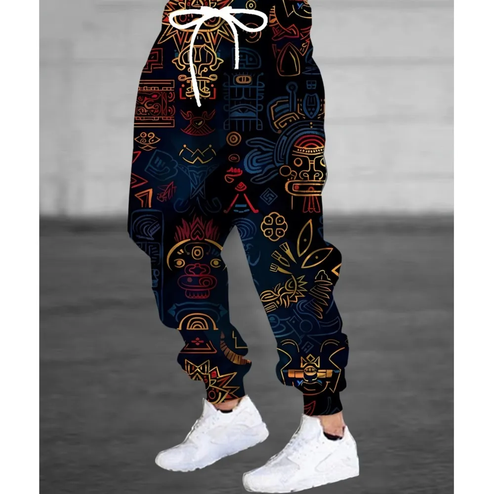 

3D Abstract Tribal Pattern Street Pants Men's Side Pockets Elastic Drawstring Sweatpants Joggers Pants For Men Casual Trousers