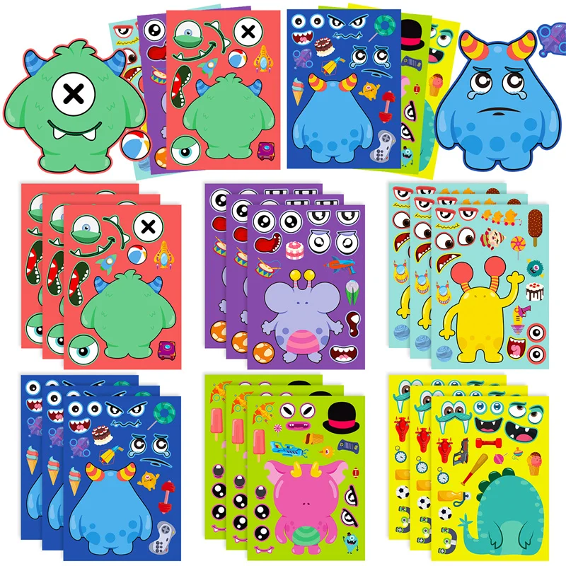 Make a Monster Face Stickers Sheets For Kids 6-24PCS Puzzle Jigsaw Stickers DIY Toys Children Boys Girls Party Games Gifts