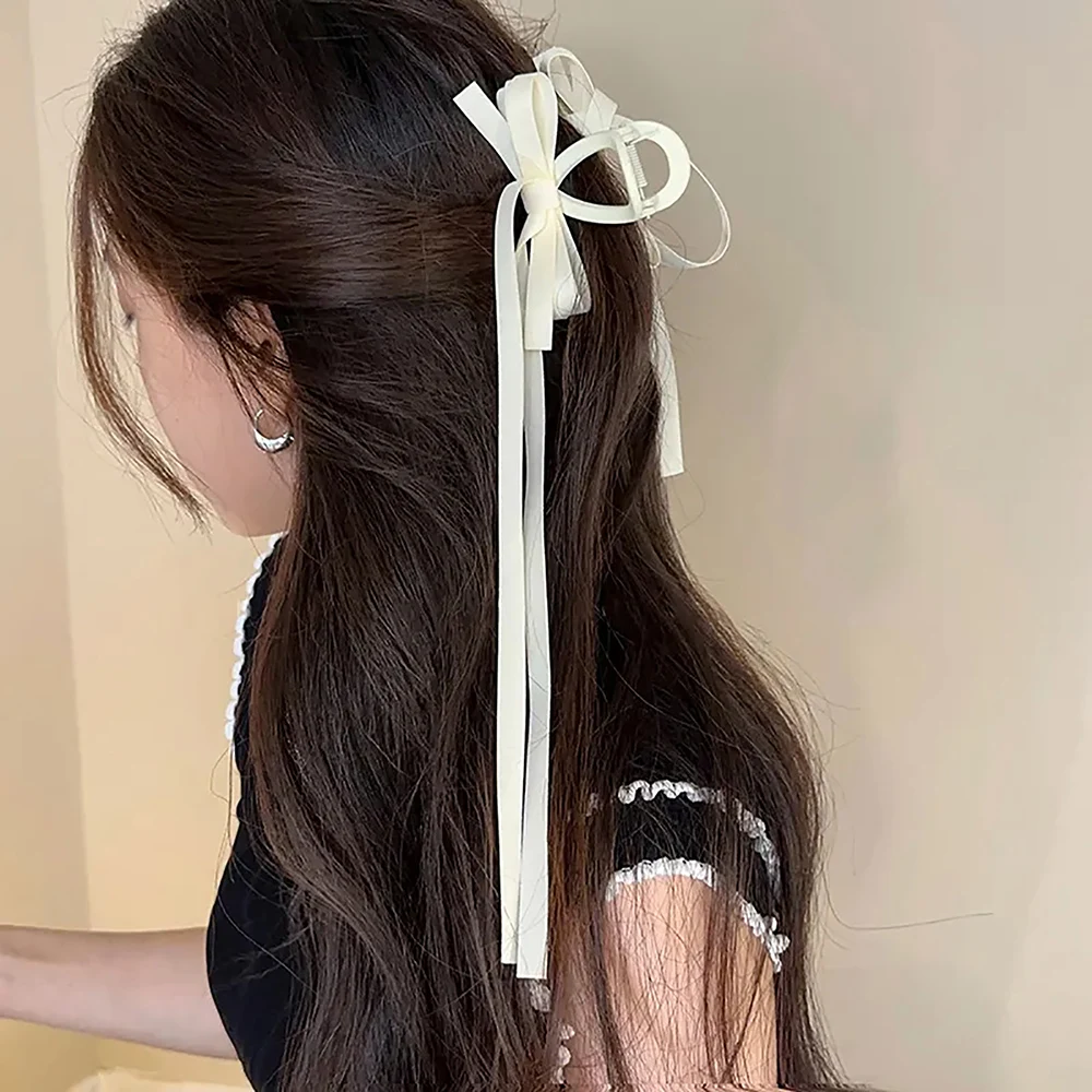 Elegant Women Bow Long Ribbon Hair Clip Y2K Style Sweet Back Head Shark Clip Ponytail Clip Hairpins Barrettes Hair Accessories