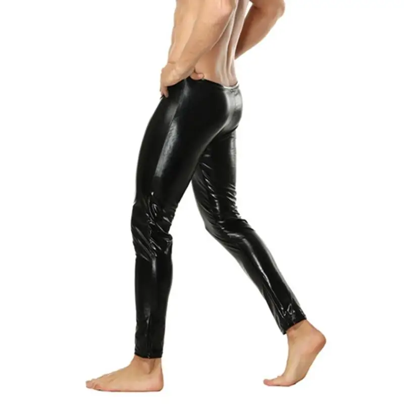 Men Black PU Leather Pants  Long  Sexy Underwear