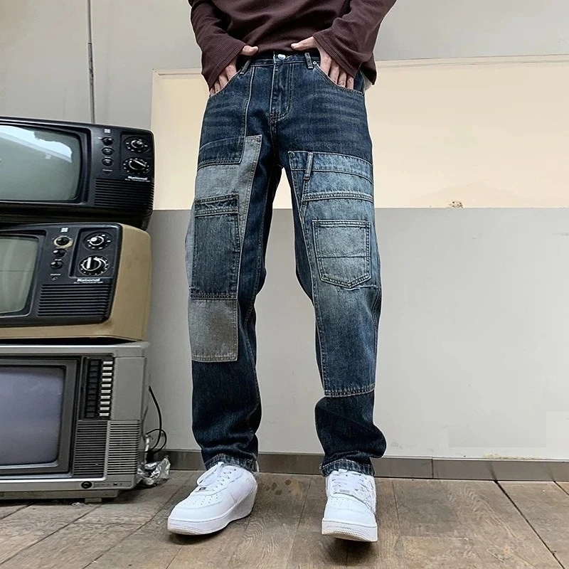 Estilo americano nova moda masculina high street casual na moda solta emendada multi bolso calças jeans masculinas roupas
